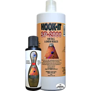 A four ounce bottle accompanied by a 32 ounce bottle of Hook It S P, Surface Pro 2000, Bowling Ball Resurfacer.