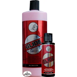 A four ounce bottle accompanied by a 32 ounce bottle of Glide, Bowling Ball polish.