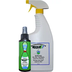 A four ounce bottle accompanied by a 32 ounce bottle of Hook It E F,Environmentally Friendly Bowling Ball Cleaner.