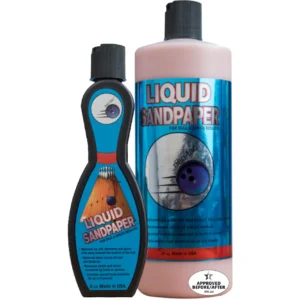 A six ounce bottle accompanied by a 32 ounce bottle of Liquid Sandpaper, Bowling Ball restorer.