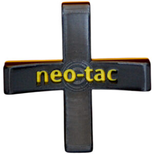 Top vieew of a black bowling ball stand. it is in a cross shape with a yellow neo-tac logo in the middle
