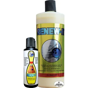 A four ounce bottle accompanied by a 32 ounce bottle of Renew It, Bowling Ball Cleaner and Polish.
